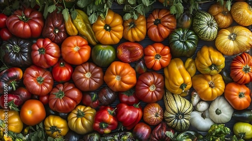 A vibrant display of heirloom tomatoes, peppers, and squashes at a market stand.