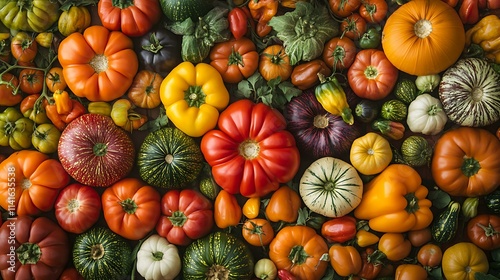 A vibrant display of heirloom tomatoes, peppers, and squashes at a market stand. photo