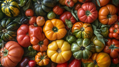 A vibrant display of heirloom tomatoes, peppers, and squashes at a market stand. photo