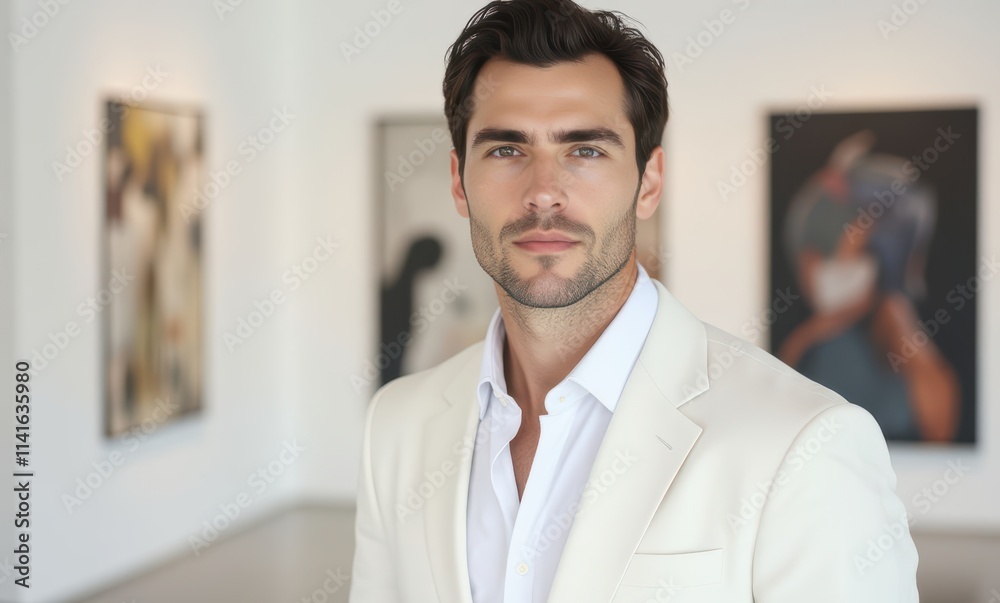 Elegantly dressed man in art gallery Elegantly dressed man in art gallery