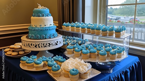 A decorated cake table featuring cupcakes, cookies, and a centerpiece cake with a retirement theme