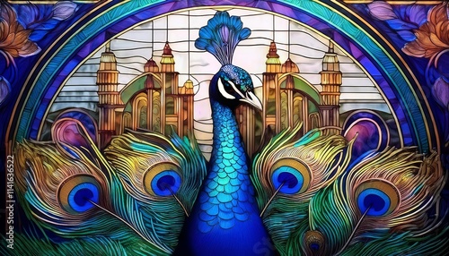 Beautiful Peacock with Intricately Detailed Feathers in Stained Glass Design photo