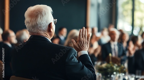 A retiree receiving a standing ovation during a farewell speech at a formal company event photo