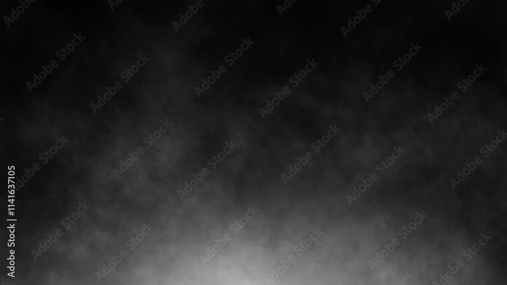 Loopable abstract swirling smoke and a soft, radiant light rising from below against a black background - useful as an overlay layer, dynamic and ethereal fog effect