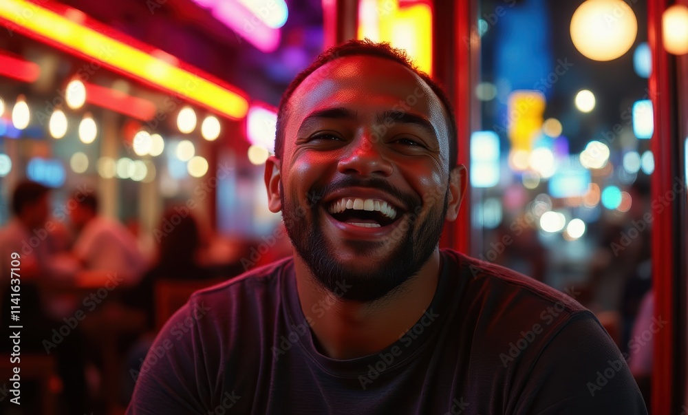 Smiling man in vibrant night setting Smiling man in vibrant night setting