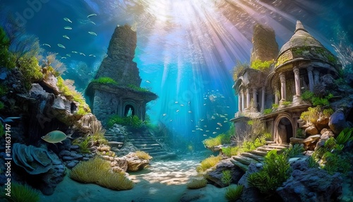 Vibrant Underwater Kingdom with Glowing Coral Reefs and Majestic Sea Creatures photo