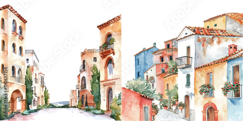 Fototapeta Naklejka Na Ścianę i Meble -  Mediterranean architecture border in watercolor. Generative AI.