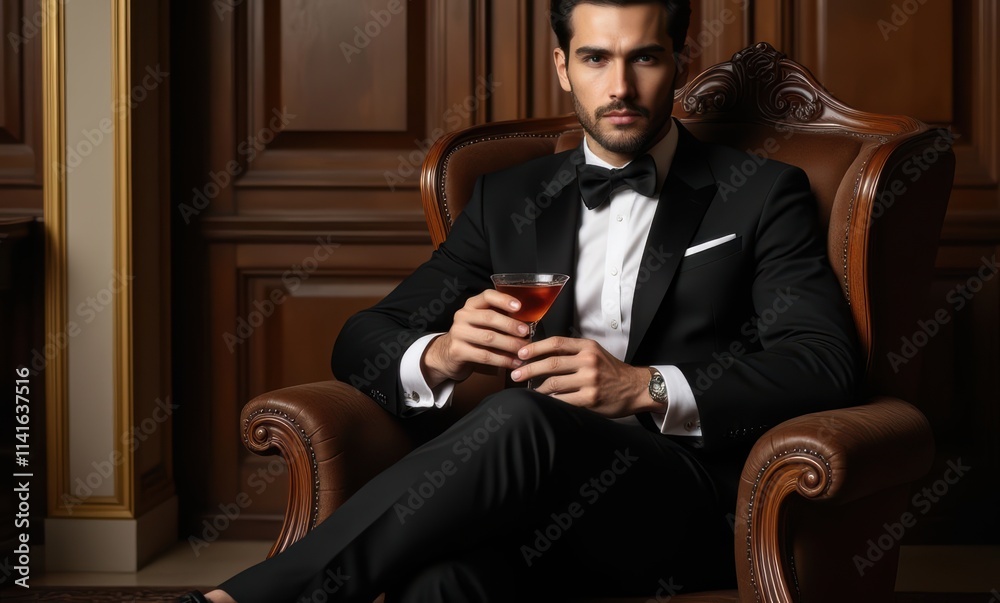 Elegant man in tuxedo holding a drink Elegant man in tuxedo holding a drink