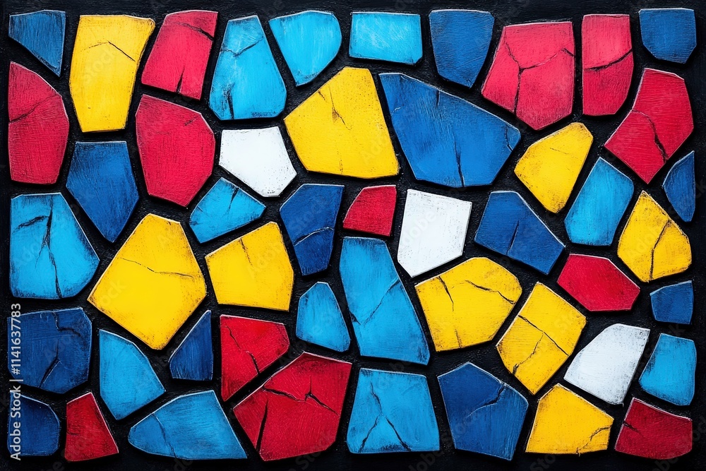 Vibrant abstract mosaic artwork featuring red, blue, yellow, and white pieces against a black background, creating a modern artistic expression. Vibrant abstract mosaic artwork featuring red, blue, yellow, and white pieces against a black background, creating a modern artistic expression.