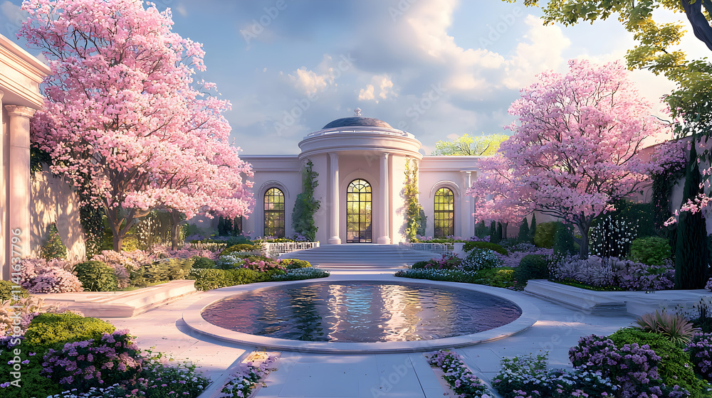 Obraz premium Luxurious Spring Mansion Garden with Pond