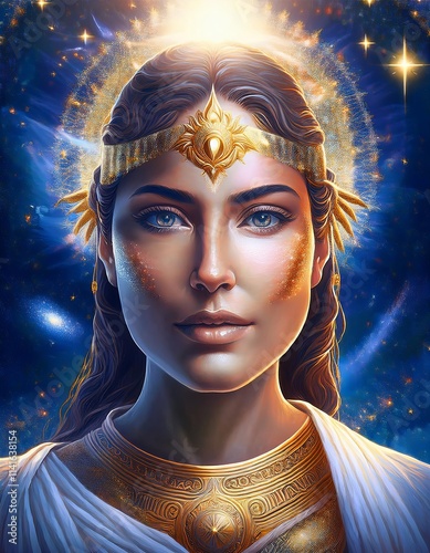 Striking Depiction of a Greek Goddess Against a Vibrant Blue Background photo