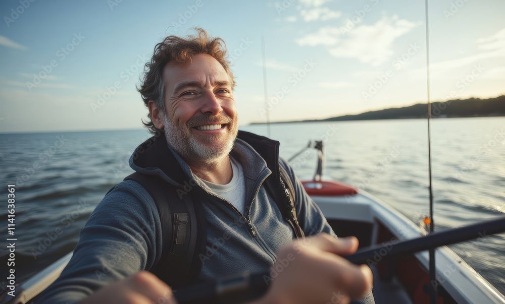 Smiling man fishing on a sunny day Smiling man fishing on a sunny day