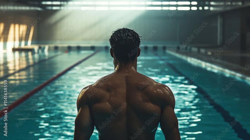 Muscular male swimmer standing at the edge of an indoor pool, backlit by soft light, reflecting focus, discipline, and strength before a training session Muscular male swimmer standing at the edge of an indoor pool, backlit by soft light, reflecting focus, discipline, and strength before a training session