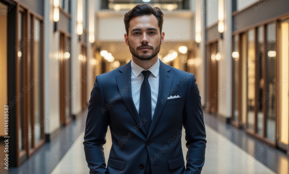 Confident man in suit in modern hallway Confident man in suit in modern hallway