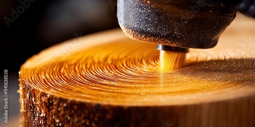 A close up of a drill press cutting a piece of wood photo