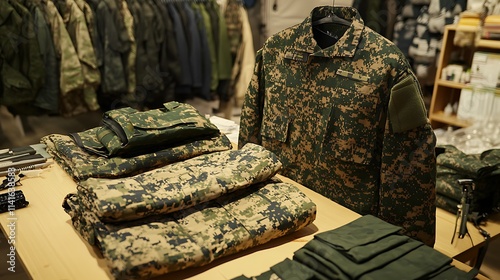 Neatly organized military uniforms and camouflage gear displayed on wooden shelves in an army supply store. photo