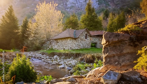 Beautiful Realistic Cozy Fantasy Stone Cottage in a Spring Forest photo