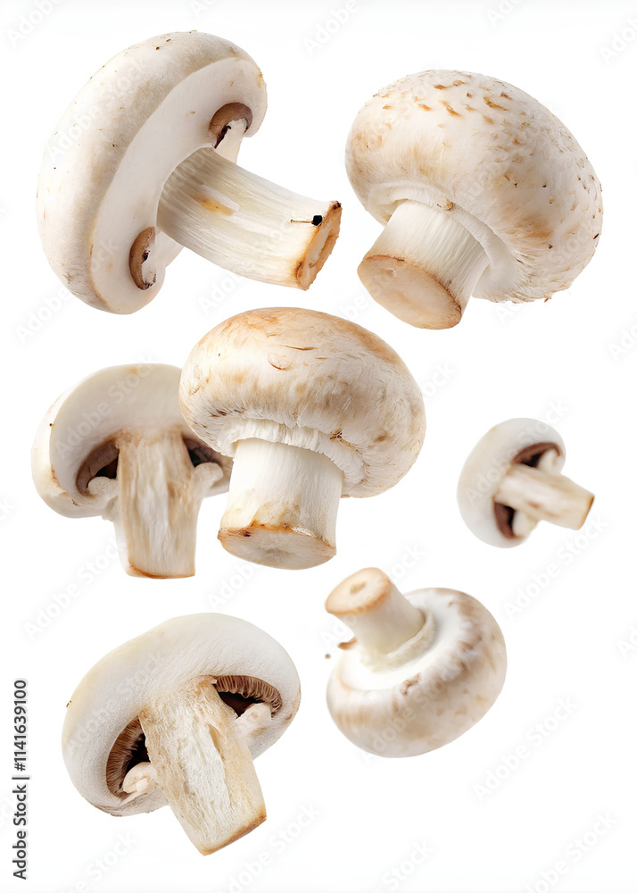 Champignon mushrooms, and cut, On isolated white background. Clipping path - full depth Champignon mushrooms, and cut, On isolated white background. Clipping path - full depth