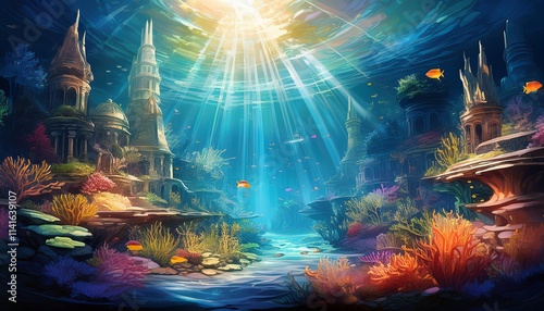 Vibrant Underwater Kingdom with Glowing Coral Reefs and Majestic Sea Creatures photo