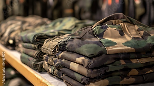 Close-up view of stacked and folded camouflage military uniforms neatly arranged on a wooden shelf. photo