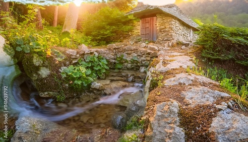 Beautiful Realistic Cozy Fantasy Stone Cottage in a Spring Forest photo