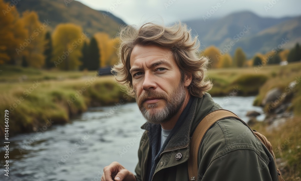 Thoughtful man by serene river Thoughtful man by serene river