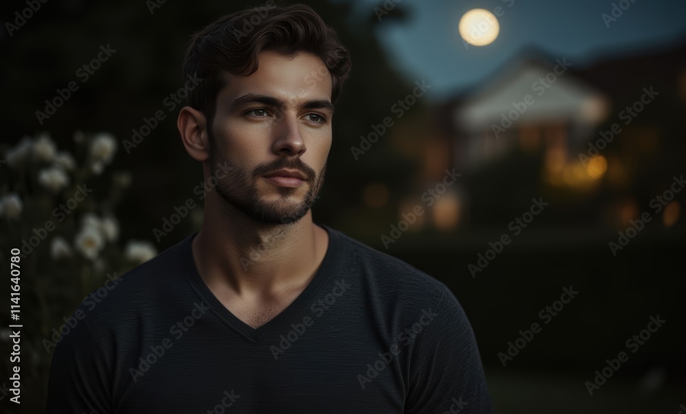 Thoughtful young man against moonlit backdrop Thoughtful young man against moonlit backdrop