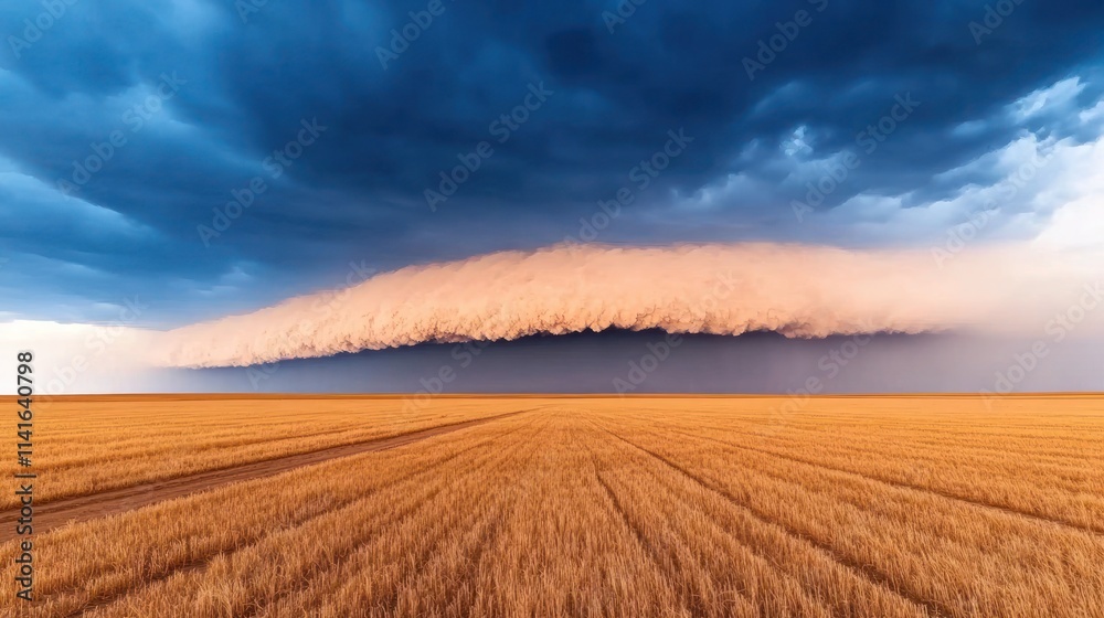 Fototapeta premium Dramatic cloud formation over golden wheat fields at sunset.