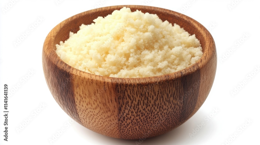 Fine Granulated Texture of Semolina Flour in a Rustic Wooden Bowl on a White Background for Culinary and Baking Inspiration Fine Granulated Texture of Semolina Flour in a Rustic Wooden Bowl on a White Background for Culinary and Baking Inspiration