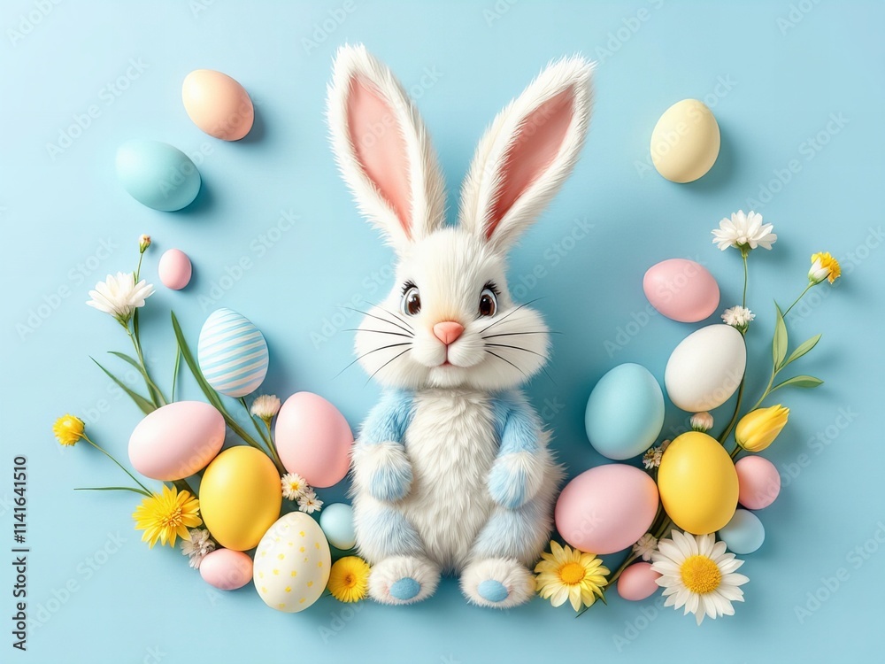 Cute Easter Bunny with Colorful Eggs and Flowers, Festive Spring Decoration, Happy Easter Holiday, Blue Background, Easter Symbol for Kids Cute Easter Bunny with Colorful Eggs and Flowers, Festive Spring Decoration, Happy Easter Holiday, Blue Background, Easter Symbol for Kids