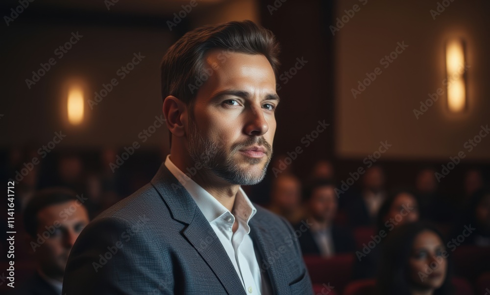 Serious man in a formal setting Serious man in a formal setting