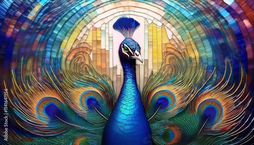 Beautiful Peacock with Intricately Detailed Long Tail and Feathers in Stained Glass photo