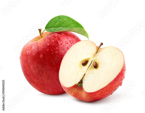 Bild auf Leinwand Gala apple with cut in half and water droplets  isolated on white background