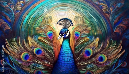 Beautiful Peacock with Intricately Detailed Long Tail and Feathers in Stained Glass photo