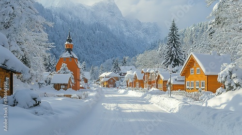 Snowy Alpine Village Street Scene Winter Wonderland photo