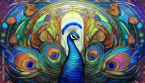 Beautiful Peacock with Intricately Detailed Long Tail and Feathers in Stained Glass photo