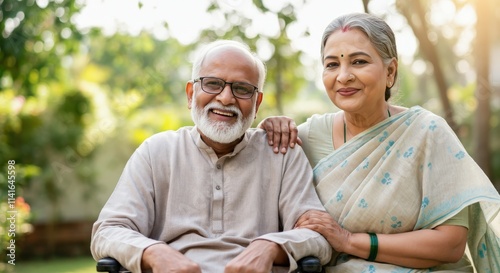 Elderly south asian couple enjoying relaxation in a garden setting