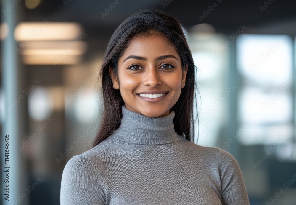 Professional young woman with long dark hair smiling confidently in a modern office space during daytime, wearing a turtleneck sweater and exuding positivity. Professional young woman with long dark hair smiling confidently in a modern office space during daytime, wearing a turtleneck sweater and exuding positivity.