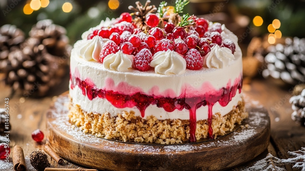 Delicious Christmas cake with red berries and white frosting Delicious Christmas cake with red berries and white frosting