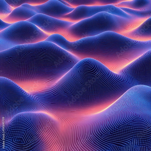 A mesmerizing digital landscape with undulating blue and purple waves illuminated by a warm glow, creating a soothing, dreamlike atmosphere.