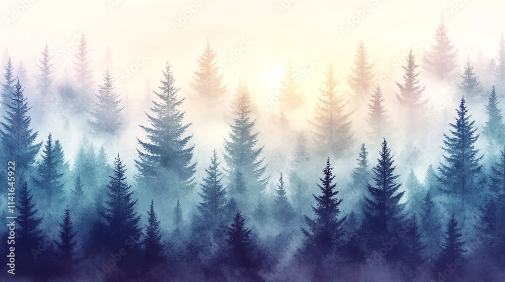 Serene forest landscape with misty trees. Serene forest landscape with misty trees.