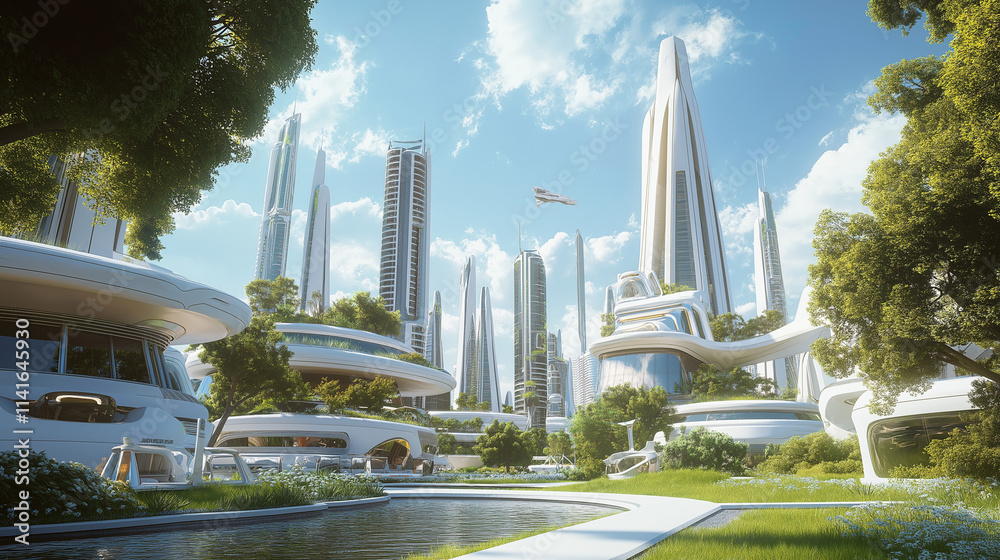 Obraz premium A futuristic utopian city with elegant white buildings and lush green parks