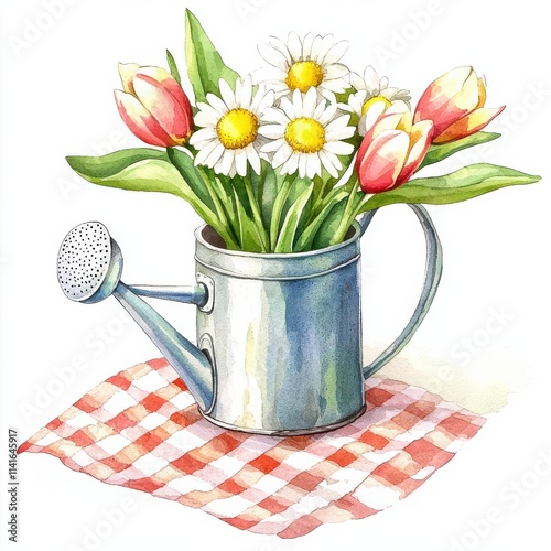 Wallpaper Mural Watercolor illustration clipart of a watering can filled with fresh daisies and tulips, isolate on white background Torontodigital.ca