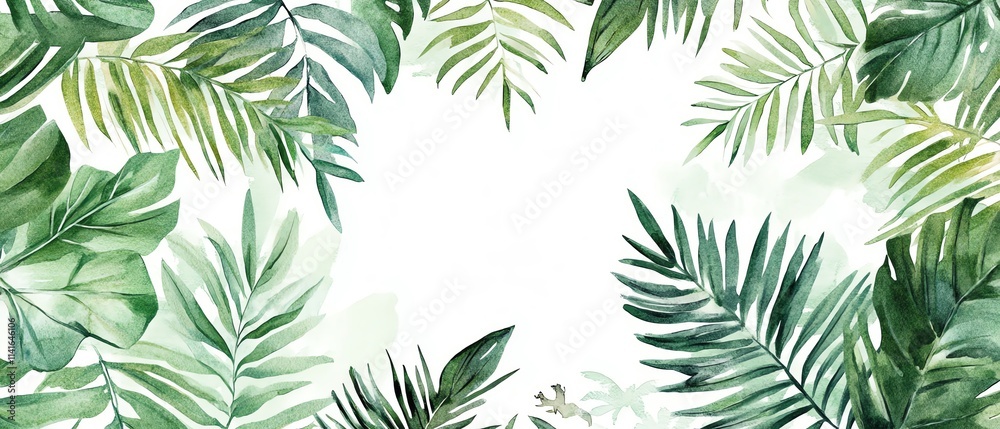 Vibrant tropical leaves border a blank space. Vibrant tropical leaves border a blank space.