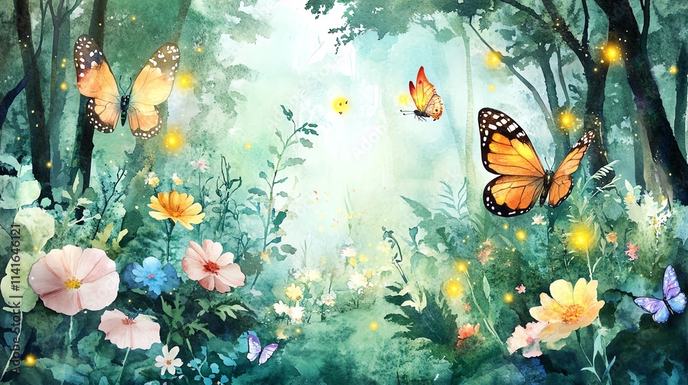 Whimsical forest scene with butterflies and flowers. Whimsical forest scene with butterflies and flowers.