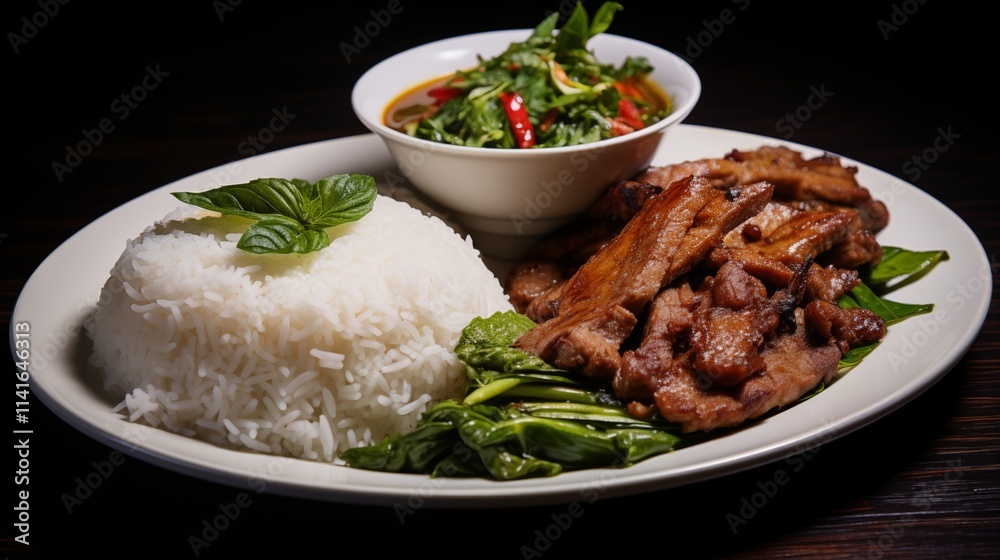 Pad Krapow Moo (Thai basil pork) served with jasmine rice, space on the left, Hard Light highlighting textures,generative ai illustration Pad Krapow Moo (Thai basil pork) served with jasmine rice, space on the left, Hard Light highlighting textures,generative ai illustration