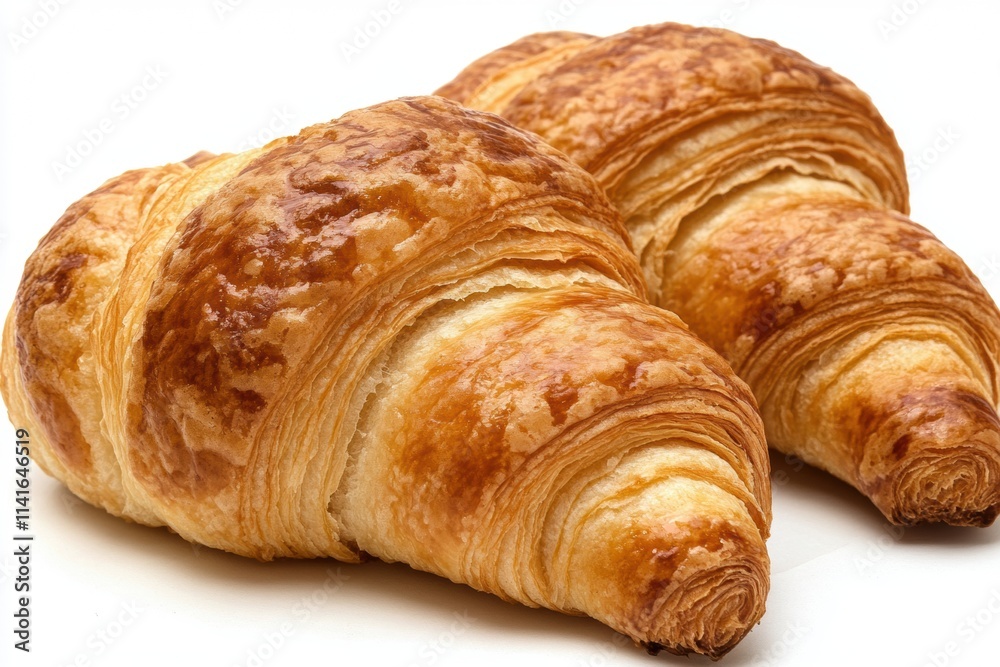 Freshly Baked Croissants with Flaky Layers and Golden Brown Exterior Perfect for Breakfast or Brunch on a White Background Freshly Baked Croissants with Flaky Layers and Golden Brown Exterior Perfect for Breakfast or Brunch on a White Background
