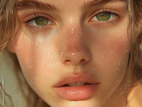 Model beautiful girl with hazel eyes and smooth skin close-up view with touch of sunlight