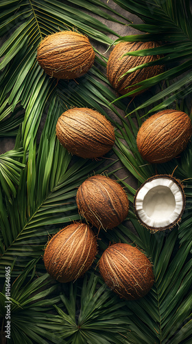 Tropical coconuts with lush green palm leaves and natural textures photo