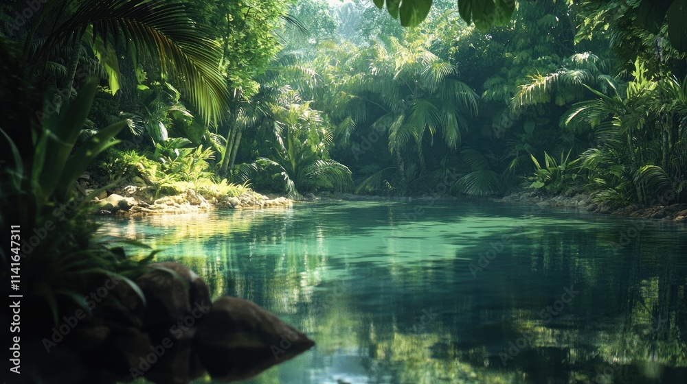 A beautiful jungle pond, with crystal-clear water reflecting the dense, tropical surroundings. A perfect setting for environmental or adventure-themed marketing. A beautiful jungle pond, with crystal-clear water reflecting the dense, tropical surroundings. A perfect setting for environmental or adventure-themed marketing.